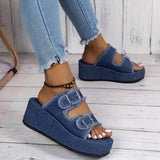 Denim Buckle Wedges or Sandals, Summer Outdoor High Heel Slippers, Thick Bottom Camouflage Shoes for Women