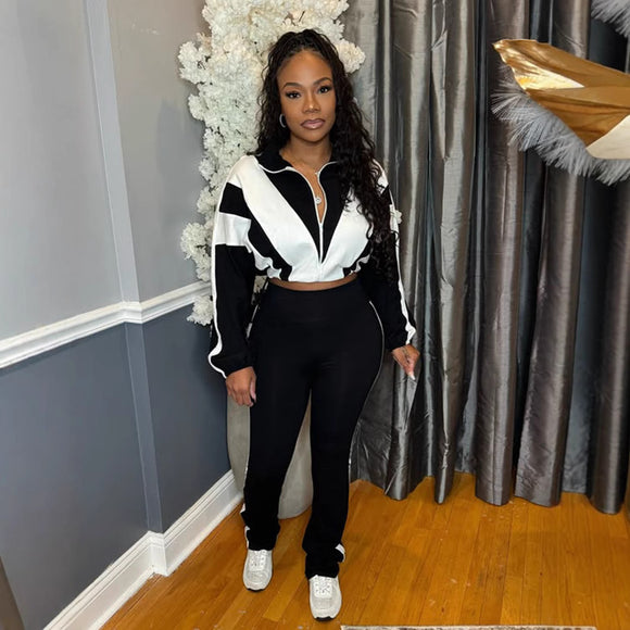 Contrast Color Casual Sportswear Set – Top with Elastic Drawstring and Pants