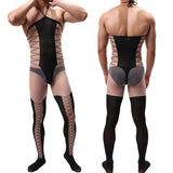 Men’s Sheer Jacquard Bodysuit – Silky Transparent One-piece Stockings