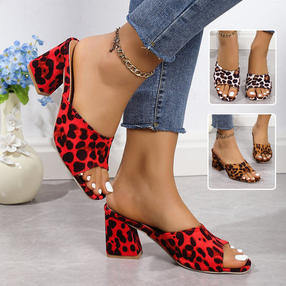 Leopard Square Toe Sandals, Summer High-heeled Slippers, Chunky Heel Shoes for Women