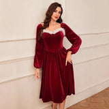 Women’s Vintage Red Velvet Christmas Dress – Long Sleeve, Square Neck, Elegant Slimming Waist Autumn Party Clothing