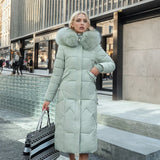 Women's Quilted Cotton-padded Over-the-Knee Jacket with Large Fur Collar