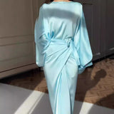 Batwing Sleeve Belted Solid Color Gown – Elegant Loose Fit Women’s Dress