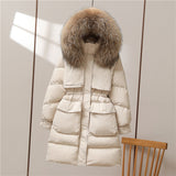 Big Fur Collar White Duck Down Jacket, Overknee Thickened Winter Coat