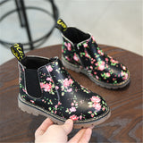 Girls’ Floral Printed Low-cut Leather Shoes – Stylish Martin Boots for Everyday Wear