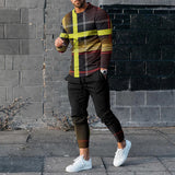 Men's Sports and Leisure Suit Pullover Round Neck Long Sleeves Striped Sweater Two Pieces Suit
