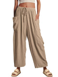 Stretched-waist Pleated High-waisted Wide-leg, Loose Casual, Cotton and Linen Long Pants