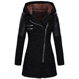 Women’s Warm Slim Wool Coat – Thick Full-zip Hooded Winter Windbreaker with Diagonal Zipper