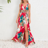 V-neck Floral Print Long Dress, Summer Fashion Waist Tie Slit Design Sleeveless Gown for Women