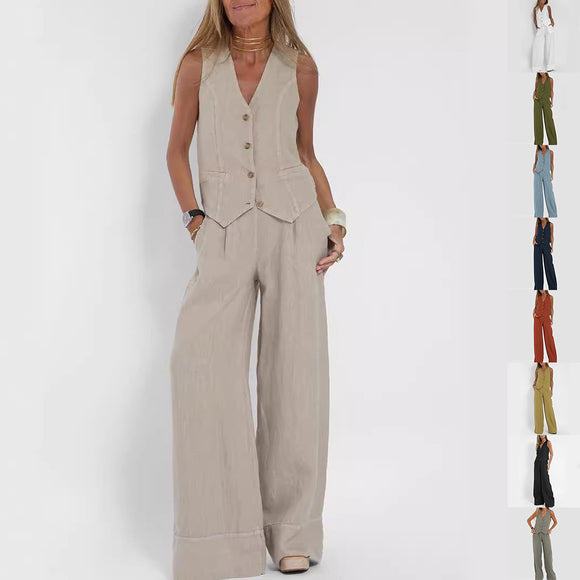 Summer Vest Suits, V-neck Bottom Sleeveless Top and Loose Straight Trousers, Casual Women's Clothing