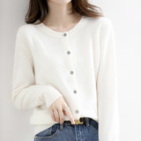 Round Neck Knitted Cardigan, Women's Loose Solid Color Jacket