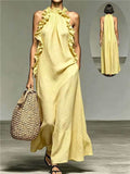 Ruffled Halter Neck Maxi Dress – Sleeveless Resort Style Flowy Party Wear