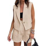 Leisure Commute Button Sleeveless Midriff-baring, Vest Coat and High Waist Shorts, Two-piece Set