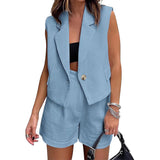 Leisure Commute Button Sleeveless Midriff-baring, Vest Coat and High Waist Shorts, Two-piece Set