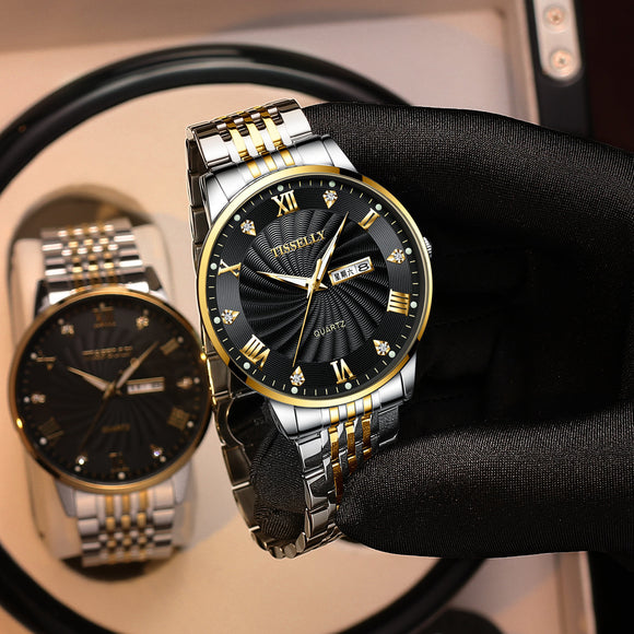 Men's Steel Belt Double Calendar, Waterproof Luminous Quartz Watch