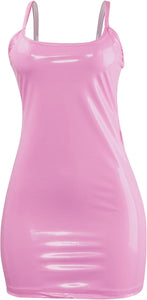 Sexy Backless Party Short Dress, Sleeveless Straps Club Dress, Vestido Women's Latex Bodycon Mini Skirt, Pink