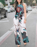 Hanging Peacock Feather Printed Holiday Style Jumpsuit