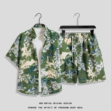 Hong Kong Style Retro Short Sleeve Printed Shirt + Shorts Set
