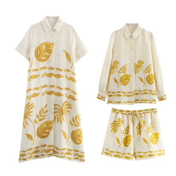 Loose Printed Long Shirt, Elastic Waist Shorts + Shirt Suit