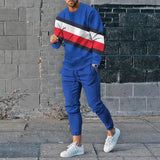 Men's Sports and Leisure Suit Pullover Round Neck Long Sleeves Striped Sweater Two Pieces Suit