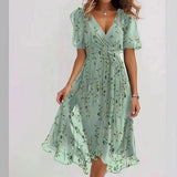 Chiffon Printed Short Sleeve Dress, Summer Elegant V-neck Frock, Women's Clothing