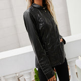 Stand-up Collar Zippered, Long-sleeved Solid Color, Women's Leather Jacket