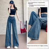 Women’s Washed Blue Wide-leg Flared Denim Jeans with Hot Stone Embellishment – Loose Fit Casual Fashion