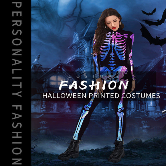 New Halloween, Colorful Human Skeleton Print, Jumpsuit