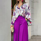 Women's Printed Shirt and Wide Leg Pants, Fashion Casual Set