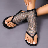 Fashion Rhinestone Mesh Sandals, Summer Flat Shoes, Casual Vacation Beach Flip Flops for Women
