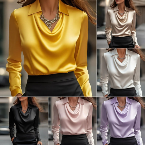 Women’s Satin Draped Swing Collar Blouse – Elegant Solid Long-sleeve Office Top for Spring