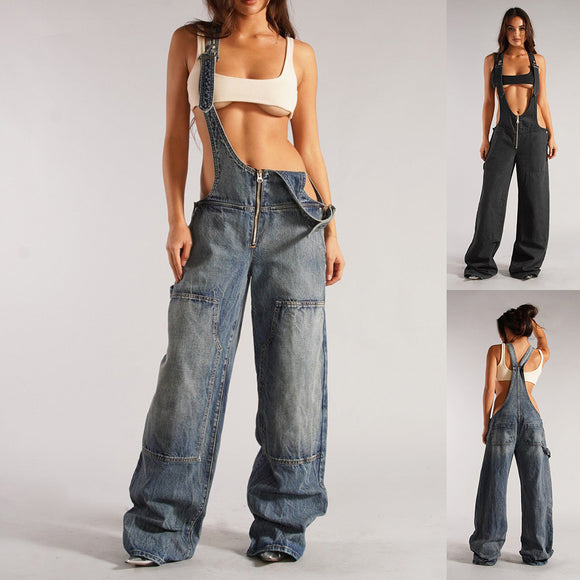 Y2K Zipper Denim Overalls with Pockets, Fashion Loose Suspender Jumpsuit, Streetwear Jeans Pants, Women's Clothing