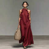 Ruffled Halter Neck Maxi Dress – Sleeveless Resort Style Flowy Party Wear