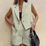 Leisure Commute Button Sleeveless Midriff-baring, Vest Coat and High Waist Shorts, Two-piece Set