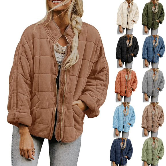 Winter Zip-up Stand Collar Coat with Pockets, Fashion Solid Color Plaid Long Sleeved Jacket, Women's Clothing