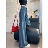 Women’s Washed Blue Wide-leg Flared Denim Jeans with Hot Stone Embellishment – Loose Fit Casual Fashion