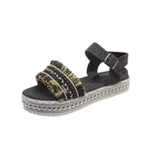 Fashion Tassel Denim Sandals with Thick-soled Flat Heels, New Summer Hemp Rope Sole Ethnic Style Shoes for Women