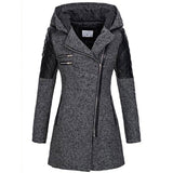 Women’s Warm Slim Wool Coat – Thick Full-zip Hooded Winter Windbreaker with Diagonal Zipper