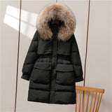 Big Fur Collar White Duck Down Jacket, Overknee Thickened Winter Coat