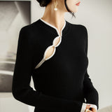 Women’s Hollow-out Knit Sweater with Buckle Stand Collar – Thin Wool Blend Pullover