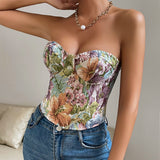 Y2K Floral Print Tube Vest Top with Back-tied Design, INS Fashion Crop Corset Tank