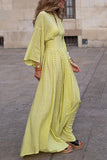 Women’s V-neck Batwing Sleeve Long Dress – Loose Fit Waist Tie Elegant Outfit