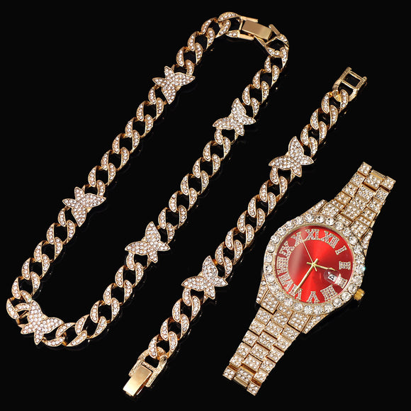 Fashion and Luxury Quartz Watch, Necklace, and Bracelet, Full of Diamonds