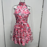 New Flowers Print Halterneck Dress, Summer Fashion Temperament Lace-up Ruffled Frock for Women