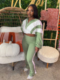 Contrast Color Casual Sportswear Set – Top with Elastic Drawstring and Pants