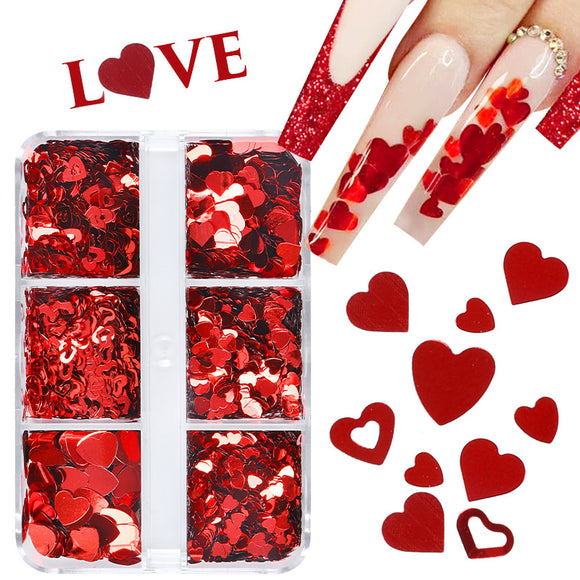 Small 6-cell Box, Valentine's Day Series, Bright Red, Love Cut-out, Nail Sequins