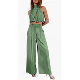 Casual Sleeveless Midriff-baring, Top and Wide Leg Pants, 2 Pcs Set, Summer Suits Women's Clothing
