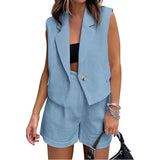 Leisure Commute Button Sleeveless Midriff-baring, Vest Coat and High Waist Shorts, Two-piece Set