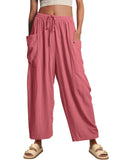 Stretched-waist Pleated High-waisted Wide-leg, Loose Casual, Cotton and Linen Long Pants