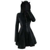 Patchwork Gothic Style, Hooded Long Sleeve, Pleuche Cat Ear Dress